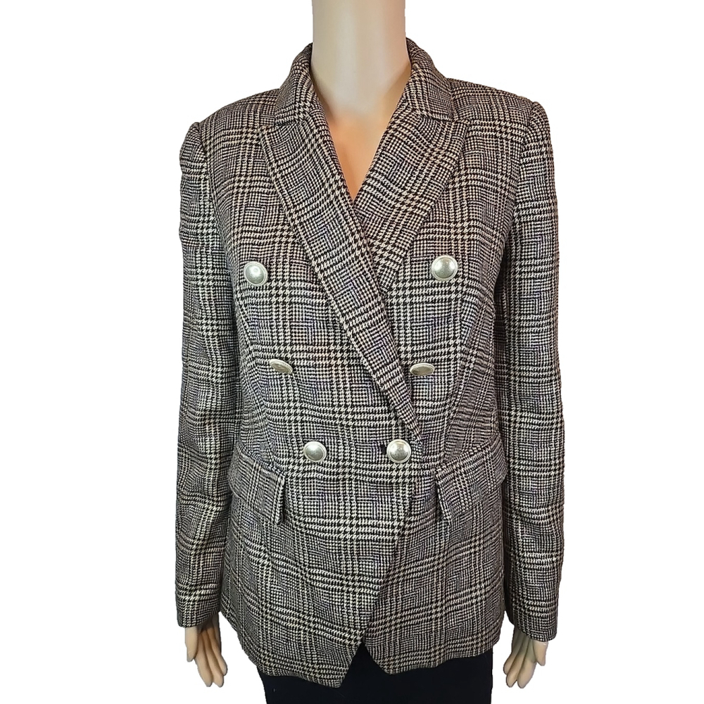 Nine West Women's Gold Metallic Double Breasted Plaid Blazer Size XS